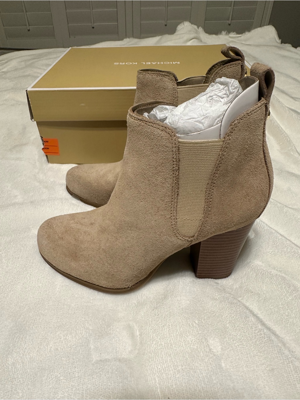 Michael Kors Taupe Suede Chelsea Block Heel Ankle Boots